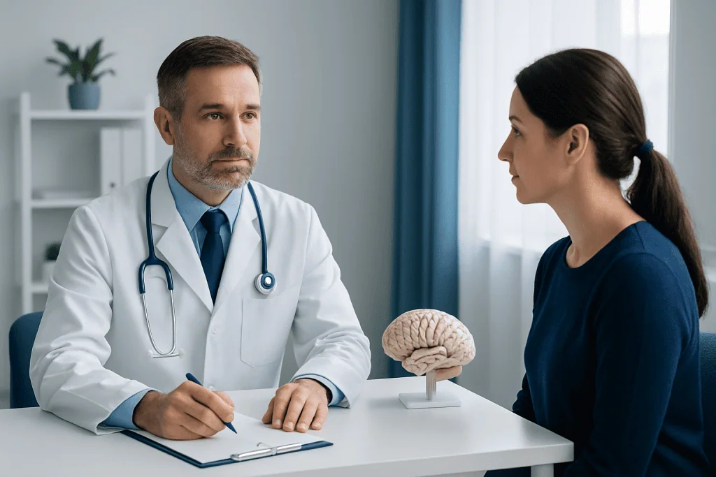 Doctor consulting with a patient about brain health in a clinic setting.