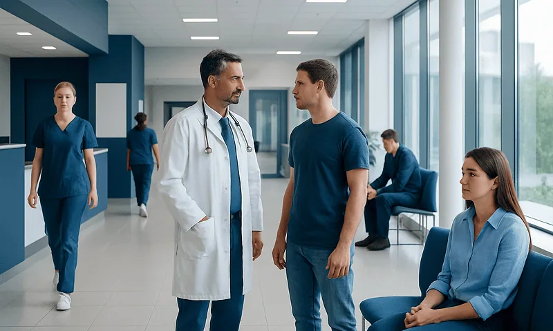 Doctor consulting with a patient in a modern hospital corridor.
