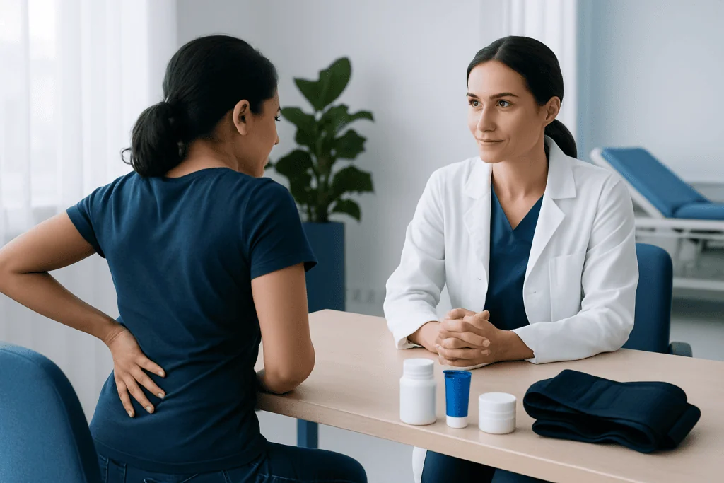 Doctor consulting patient about lower back pain treatment options.