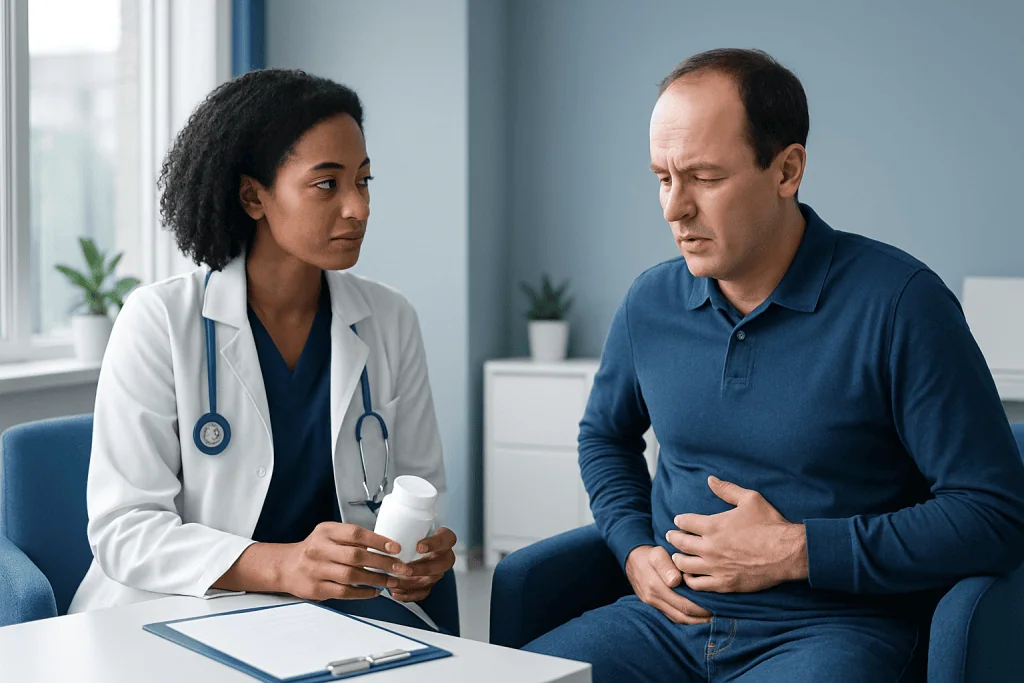 Doctor consulting with a patient about bloating remedies in a clinic setting.