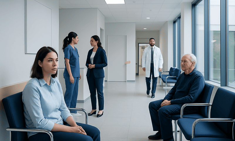 Patients and doctors in a hospital waiting area at Acibadem Hospitals Group.