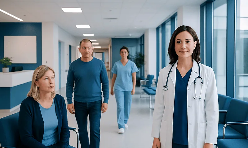 Medical team with doctor and patients in hospital corridor.