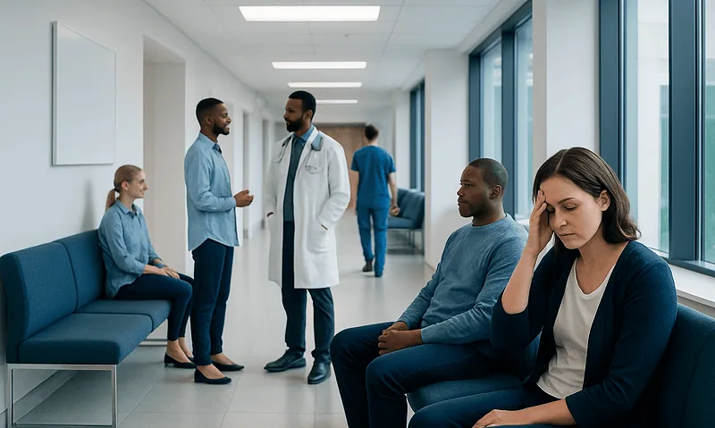 Patients waiting in a hospital corridor with a doctor consulting a nurse.