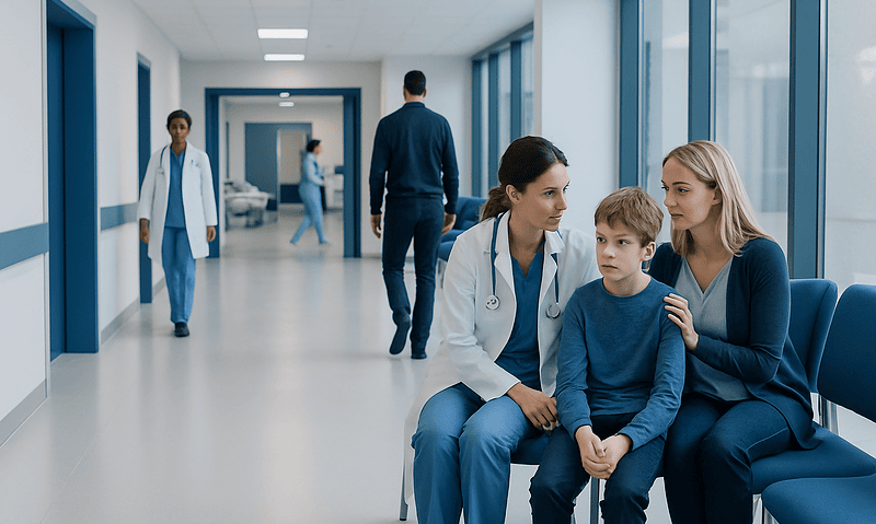 Children and parents in a hospital corridor with medical staff present.