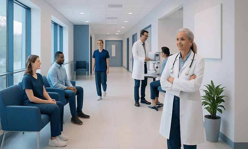 Medical team in hospital corridor with patients and doctors.