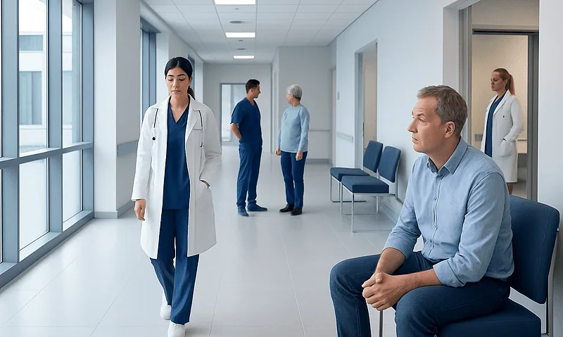 Hospital corridor with medical staff and patient in waiting area.