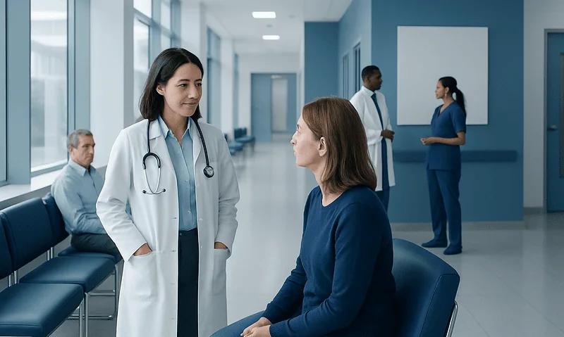 Doctor consulting a patient in a hospital corridor.