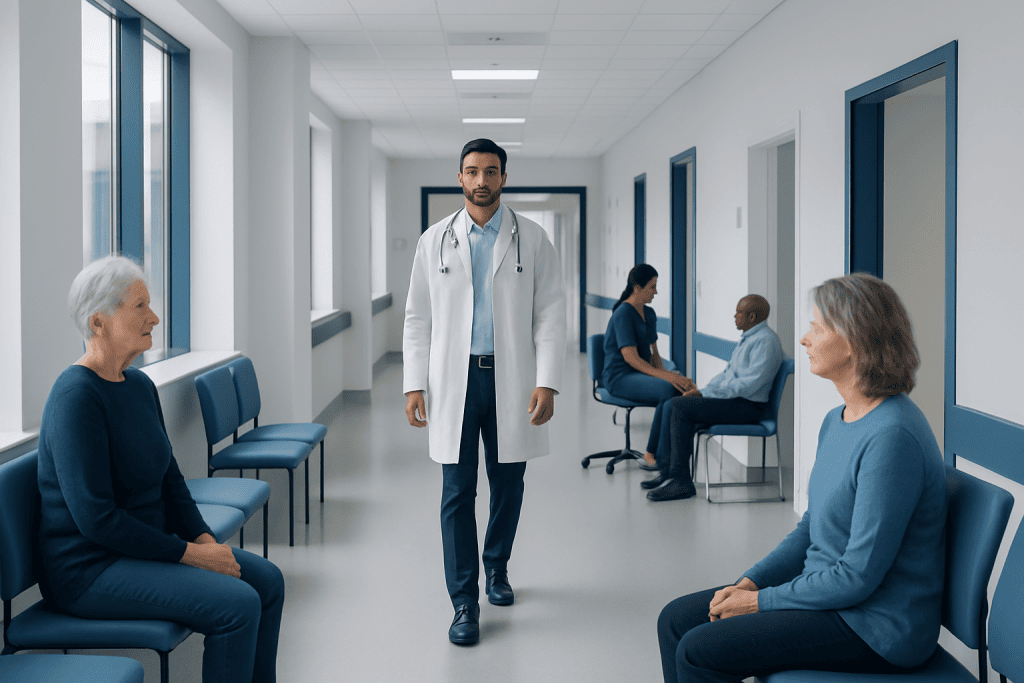Medication for Huntington’s Disease: What Treatments Can Help Symptoms? 1 Doctor consulting elderly patients in a hospital corridor.