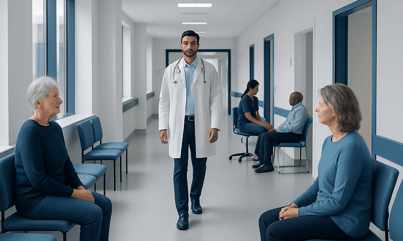Doctor consulting elderly patients in a hospital corridor.