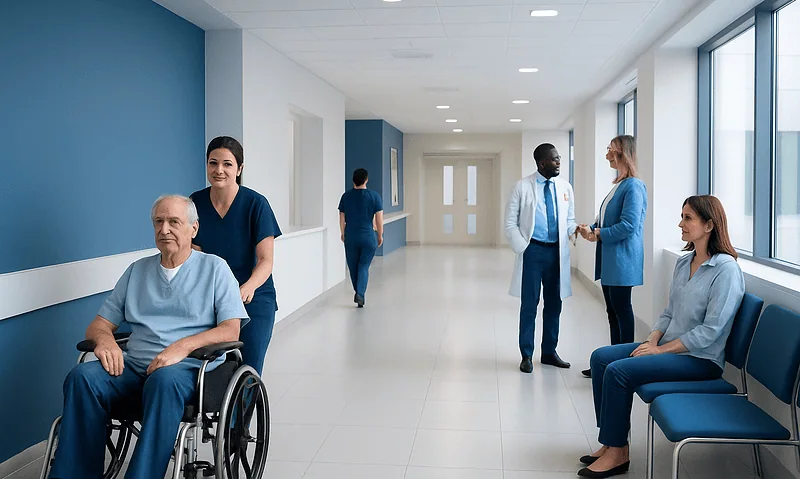 Hospital corridor with medical staff and patients in a modern healthcare facility.