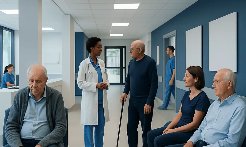 Patients waiting in a hospital corridor with a healthcare professional talking to a visitor.