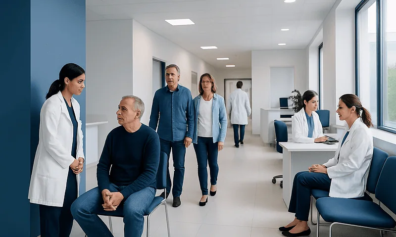 Patients and doctors in a hospital waiting area at Acibadem Hospitals Group.