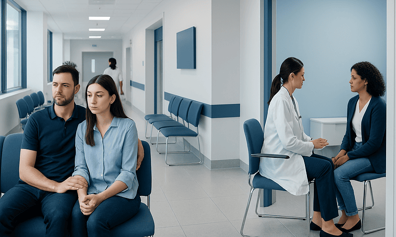 Patients waiting and consulting with healthcare professionals in a hospital corridor.