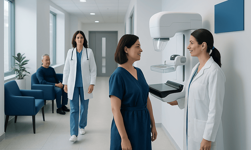 Medical staff preparing for mammogram in modern hospital setting.