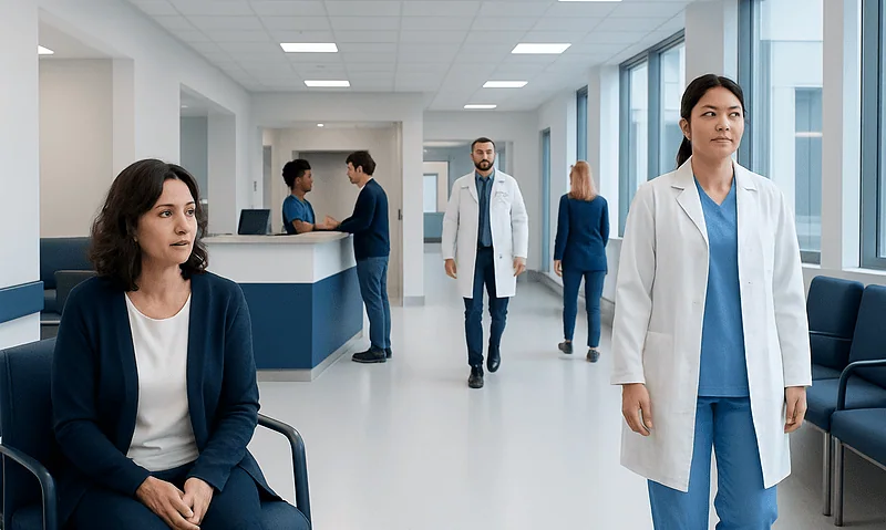 Medical professionals and patients in a modern hospital corridor.