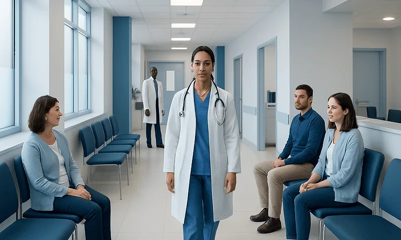 Medical professionals and patients in a hospital waiting area.