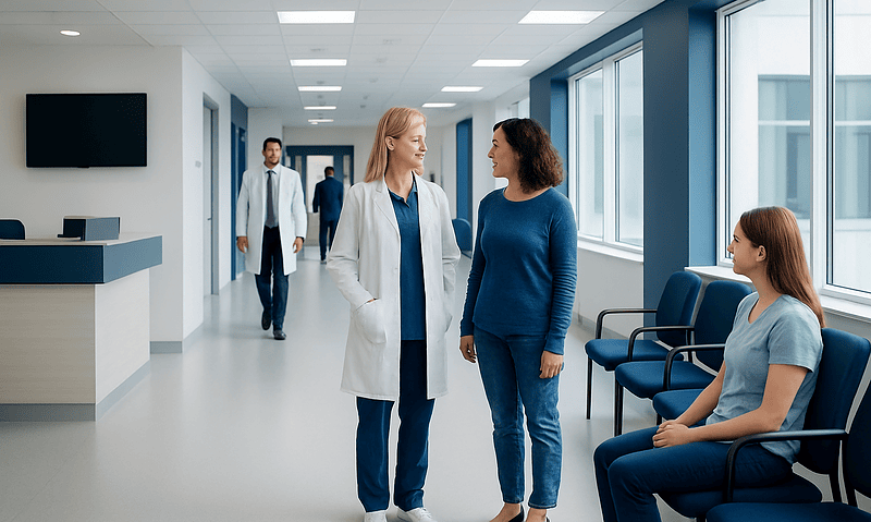 Healthcare professionals and patient in a modern hospital corridor.