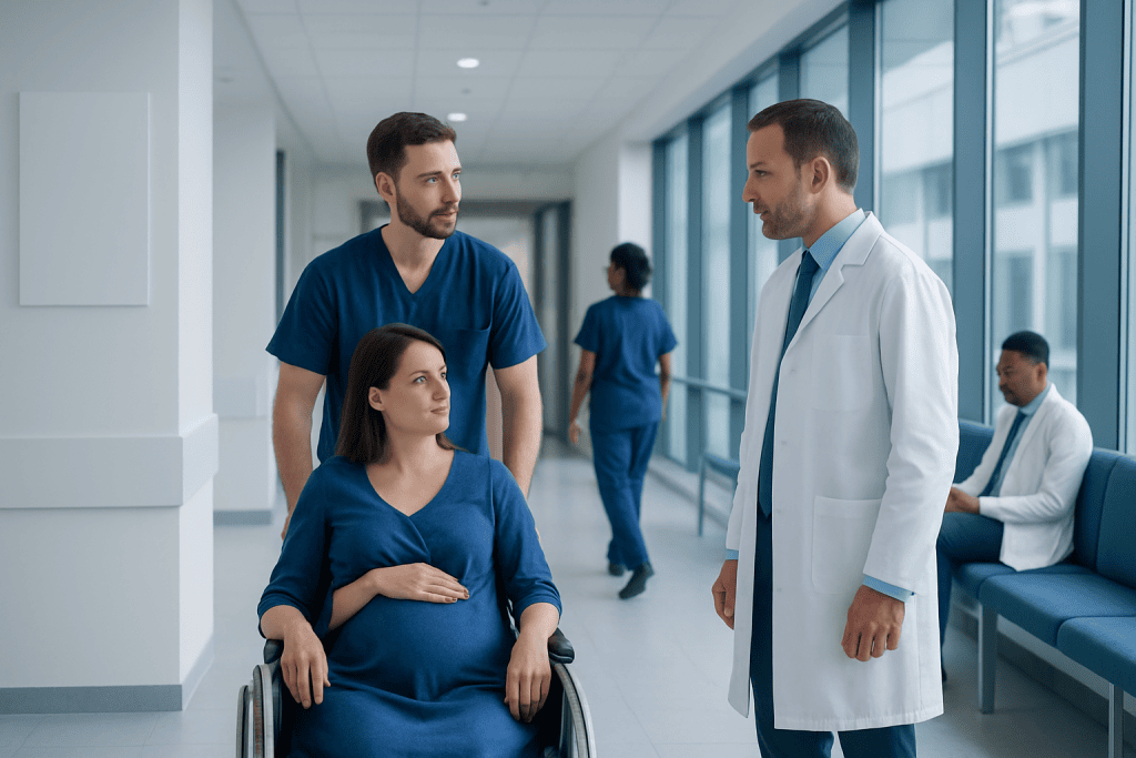 Placental Abruption: Warning Signs, Risk Factors, and Emergency Care 1 Pregnant woman in wheelchair talking to doctor in hospital corridor.