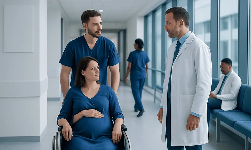 Pregnant woman in wheelchair talking to doctor in hospital corridor.