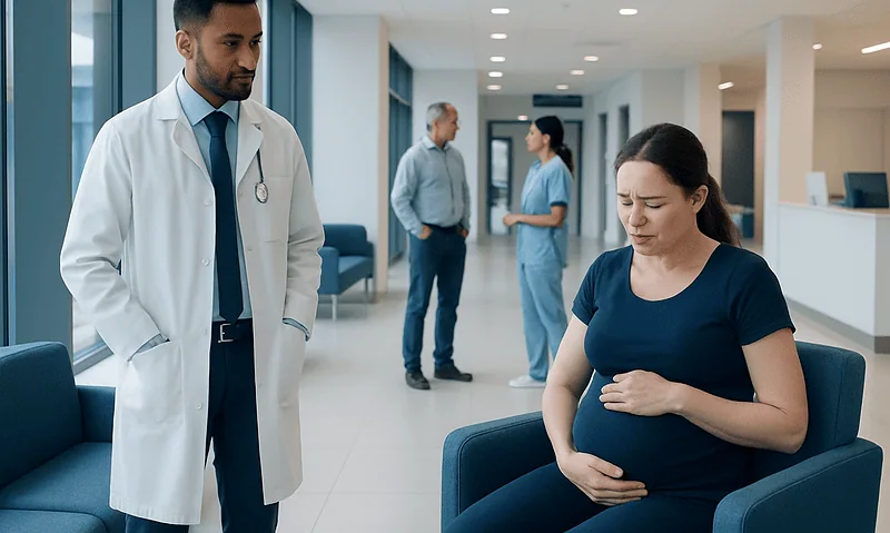 Pregnant woman experiencing nausea in hospital waiting area with doctor and staff nearby.