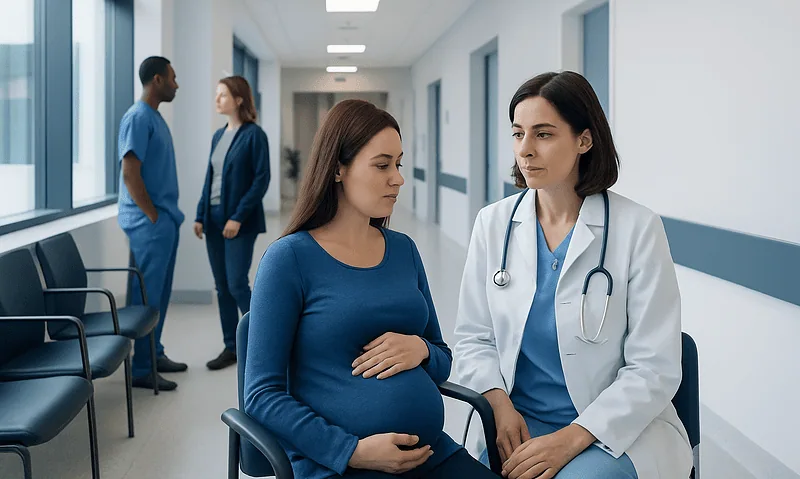 Pregnant woman consulting with doctor in hospital corridor.