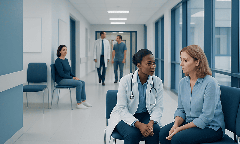 Doctor consulting patient in hospital corridor with waiting area.