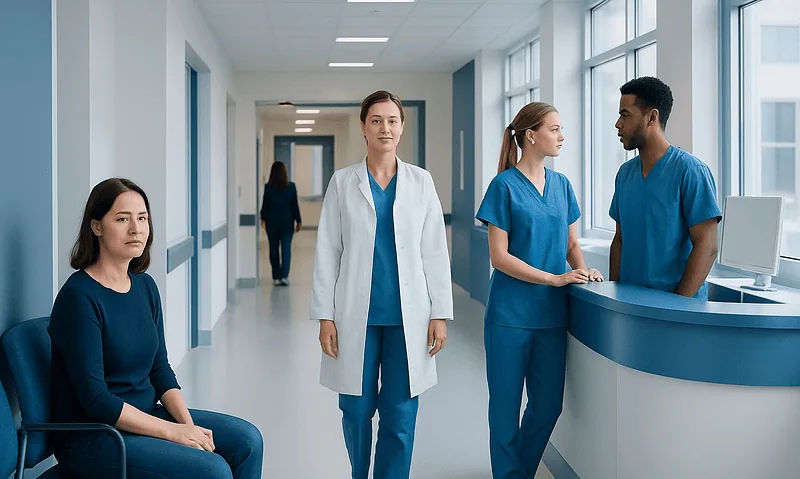 Medical staff in hospital corridor with patient waiting area.