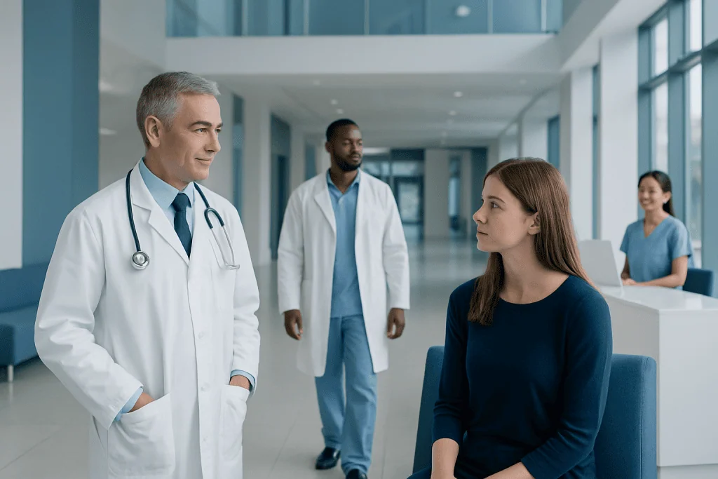 Cervical Artery Dissection: Neck Pain, Stroke Risk, and Emergency Evaluation 1 Medical team consulting with a patient in a hospital corridor.