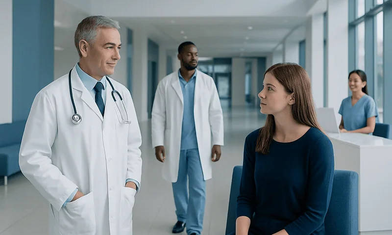 Medical team consulting with a patient in a hospital corridor.