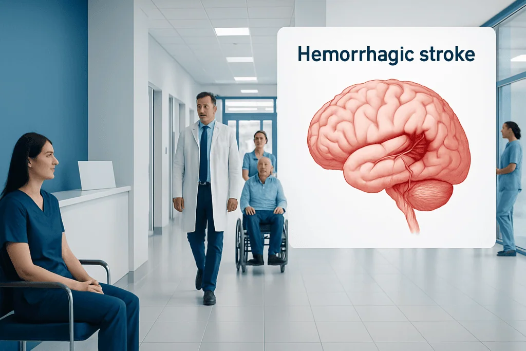 Hemorrhagic Stroke: Causes, Emergency Treatment, and Early Recovery 1 Medical team discussing hemorrhagic stroke in hospital corridor.