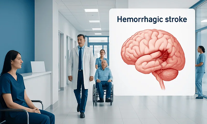 Medical team discussing hemorrhagic stroke in hospital corridor.