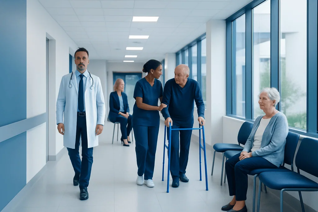 White Matter Disease: What Brain Small Vessel Changes Can Mean 1 Medical staff assisting elderly patient in hospital corridor.
