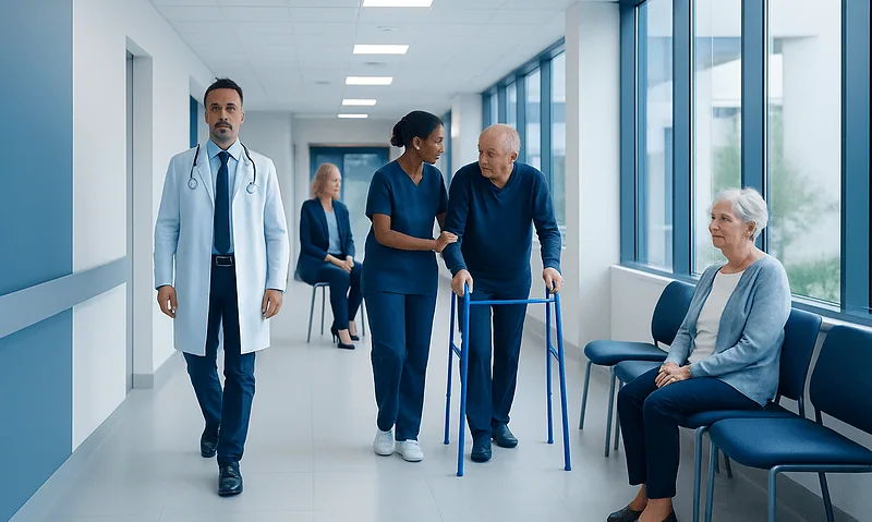 Medical staff assisting elderly patient in hospital corridor.