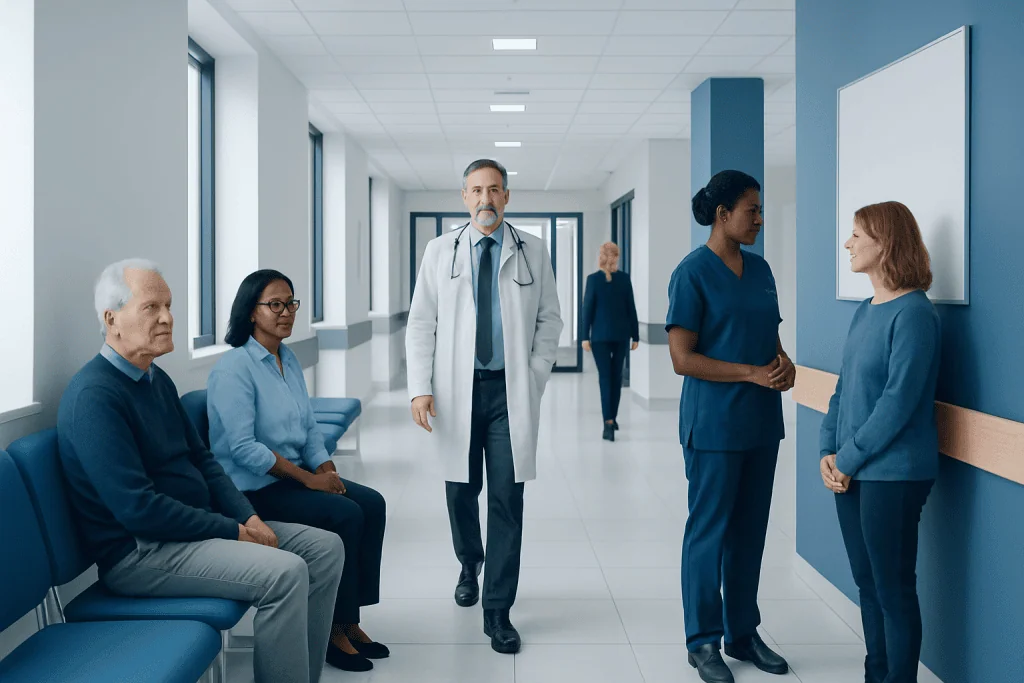 Recurrent Stroke: Why It Happens and How Prevention Plans Change 1 Medical team consulting with patient in hospital corridor.