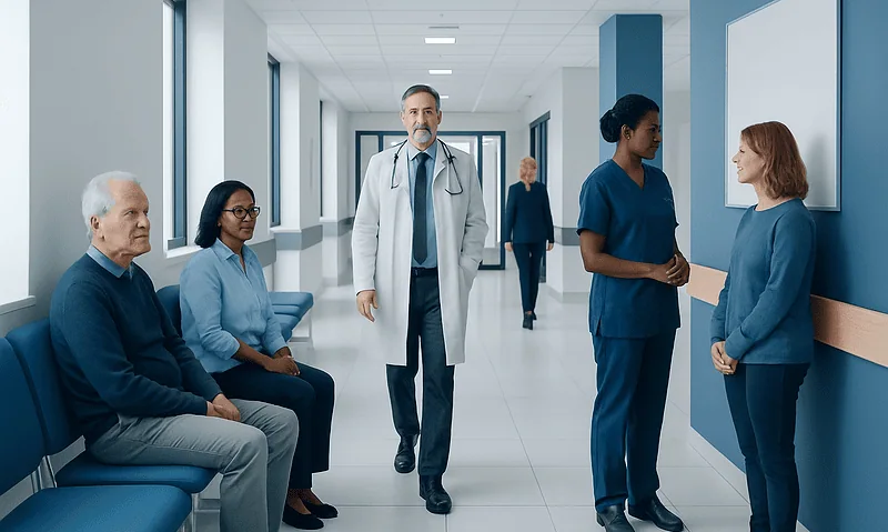 Medical team consulting with patient in hospital corridor.