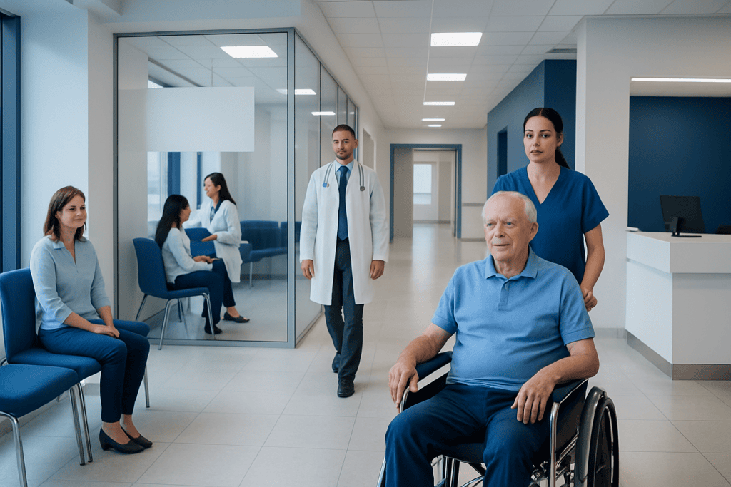 Stroke Care in Turkey: What International Patients Should Know Before Traveling 1 Hospital staff assisting a patient in a wheelchair in a modern medical facility.