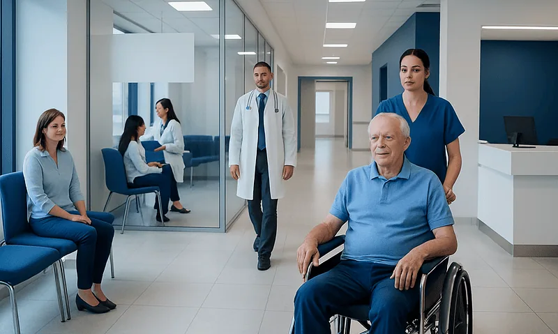 Hospital staff assisting a patient in a wheelchair in a modern medical facility.