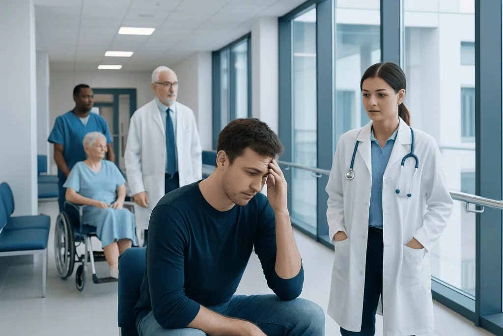 Stroke in Young Adults: Causes, Hidden Risk Factors, and When to Seek Answers 1 Young man in hospital waiting area with medical staff and elderly patient.