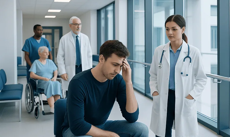 Young man in hospital waiting area with medical staff and elderly patient.