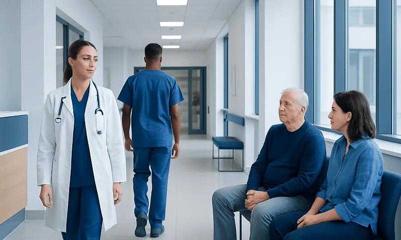 Medical professionals and patients in a hospital corridor.