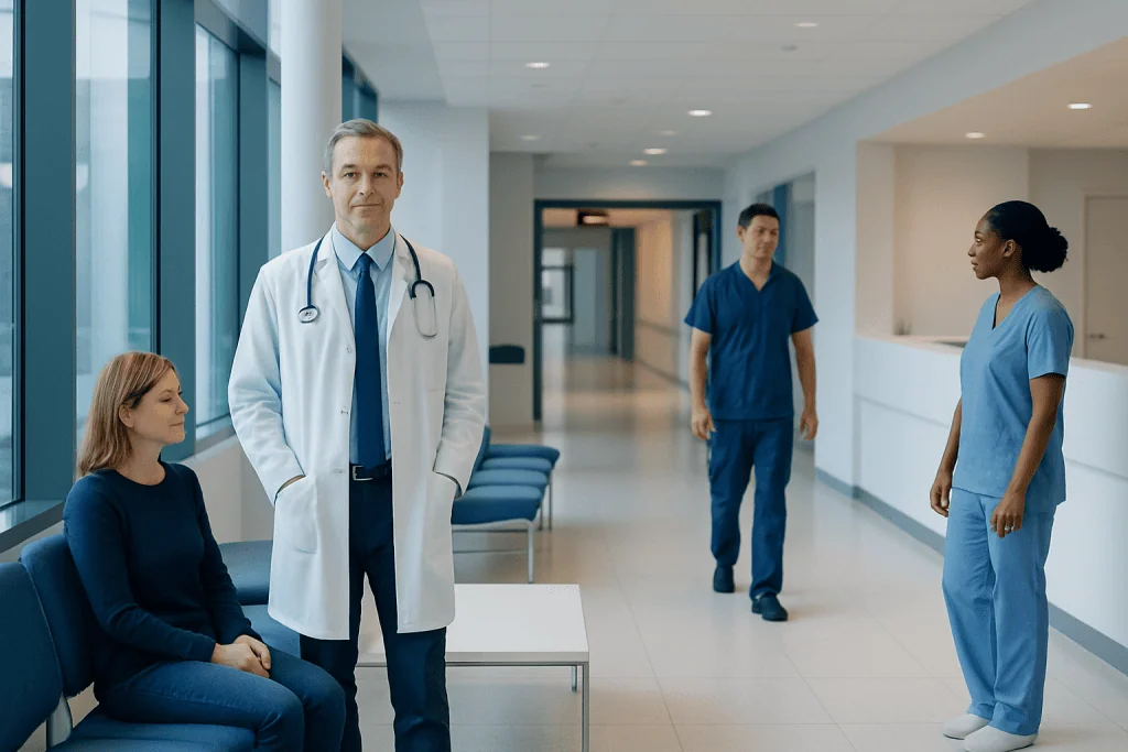 Arteriovenous Fistula in the Brain: Symptoms, Diagnosis, and Treatment Options 1 Medical team in hospital corridor with patient and staff members.