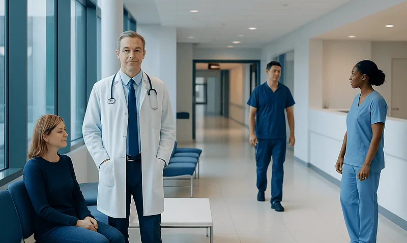 Medical team in hospital corridor with patient and staff members.