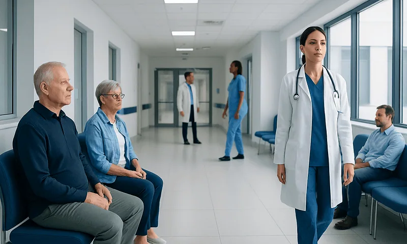 Healthcare professionals and patients in a hospital corridor.