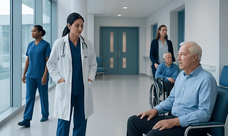 Medical team consulting with patient in hospital corridor.