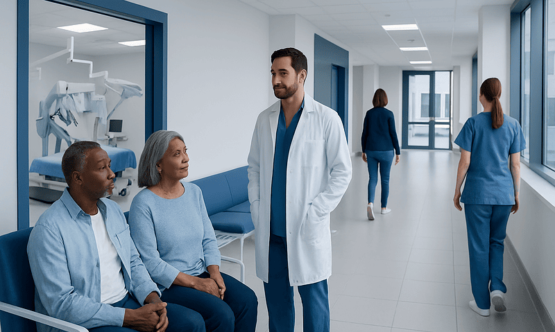 Healthcare professionals and patients in a modern hospital corridor.