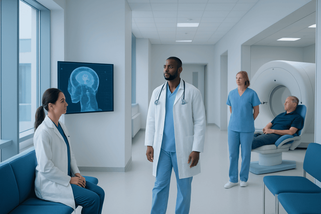 AI in Medical Imaging: What Patients Should Know About Bias and Accuracy 1 Medical team discussing brain scan in hospital radiology department.