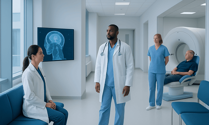 Medical team discussing brain scan in hospital radiology department.
