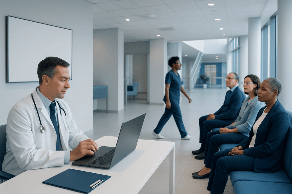 Telemedicine vs In-Person Care: When a Virtual Visit Is Enough 1 Doctor consulting with patients in a modern hospital waiting area.