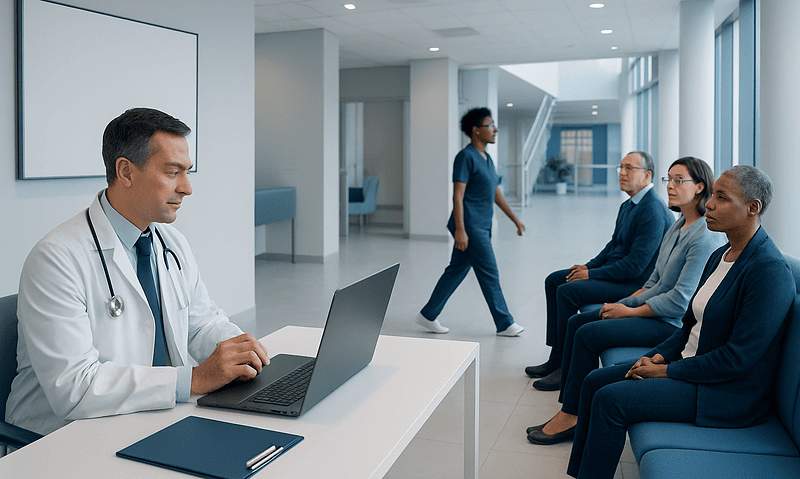 Doctor consulting with patients in a modern hospital waiting area.