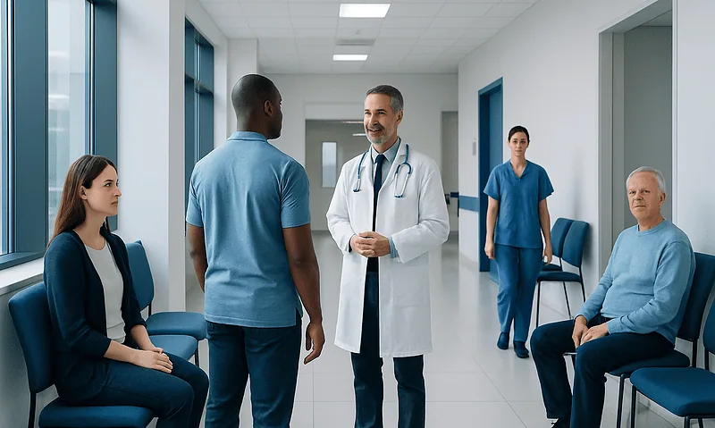 Doctor consulting with patients in a hospital corridor.